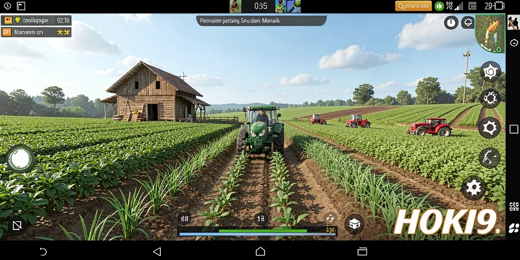Tampilan gameplay HOKI9 dengan kebun yang cerah dan hewan ternak.