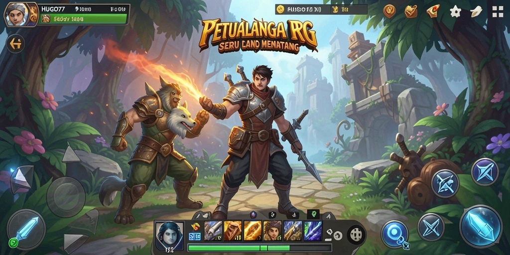 Gameplay seru HUGO77 dengan pertarungan RPG yang mendebarkan.