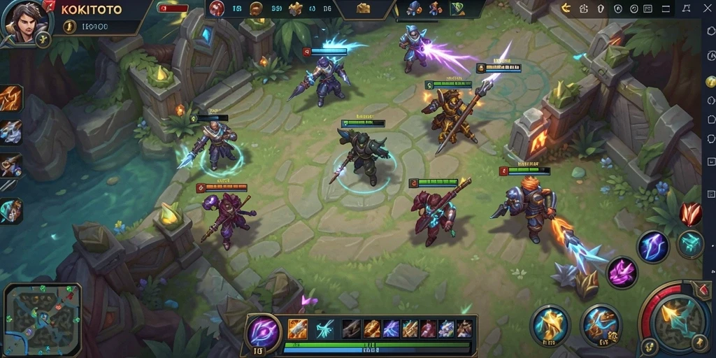 Screenshot gameplay KOKITOTO yang penuh aksi di arena pertarungan.