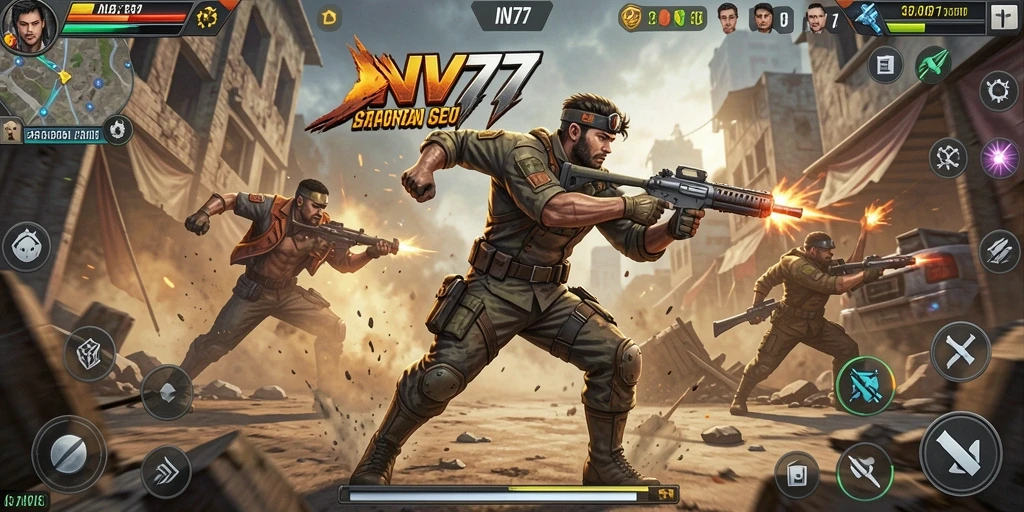Gameplay NV77 yang intens dan menegangkan dalam aksi pertempuran.