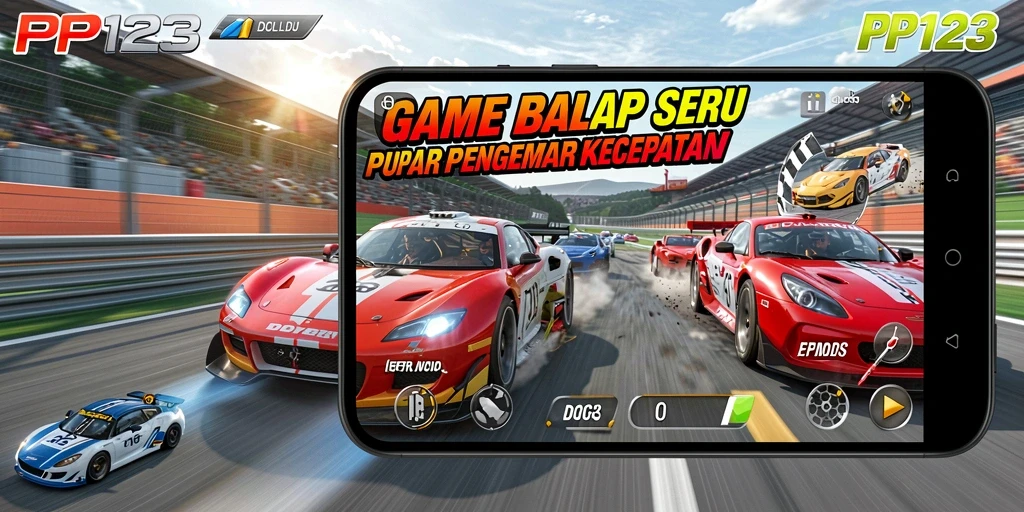 Screenshot utama yang menunjukkan aksi balap menegangkan di PP123.